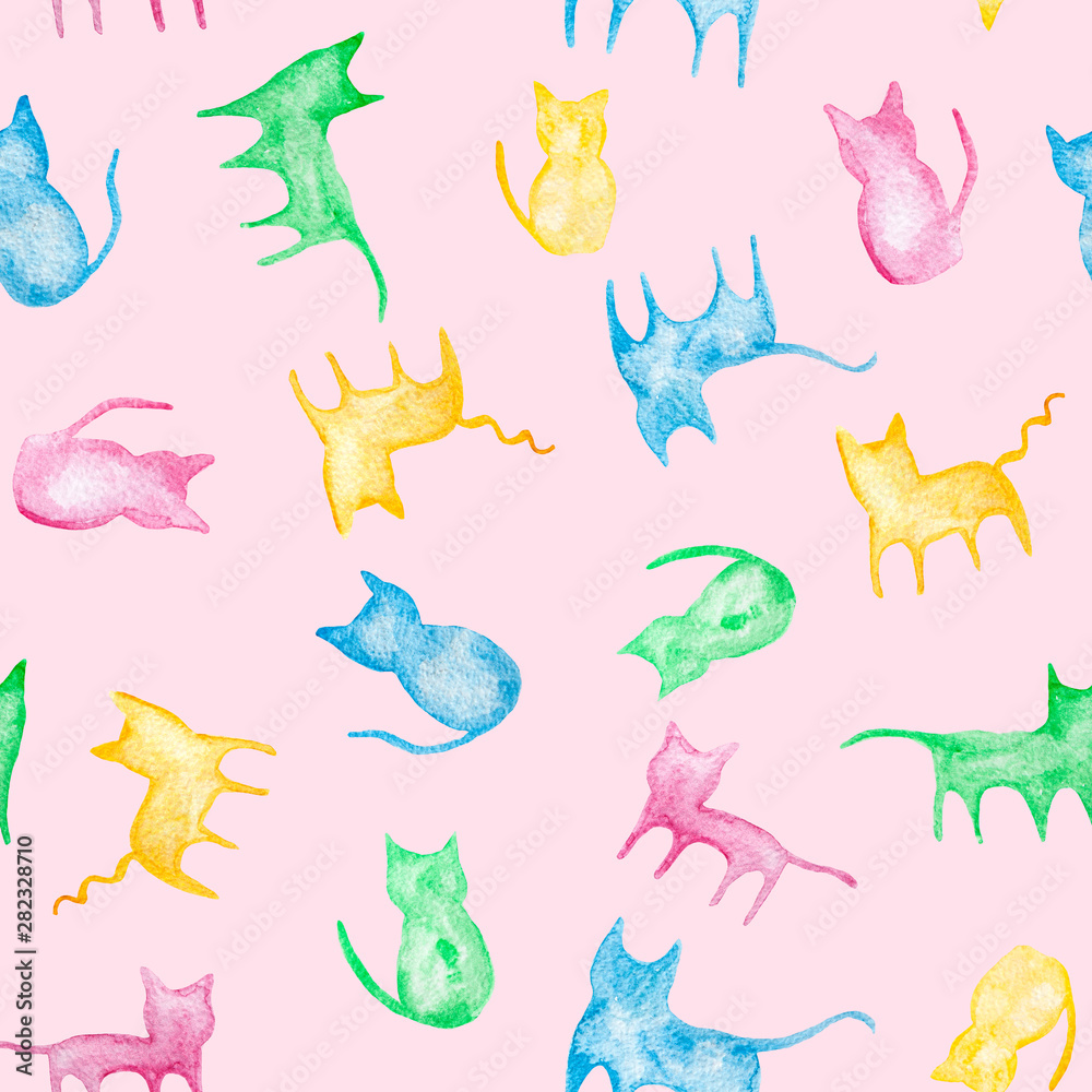 Cute cats animals watercolor painting - hand drawn seamless pattern on pink background Cute cats animals watercolor painting - hand drawn seamless pattern on pink background