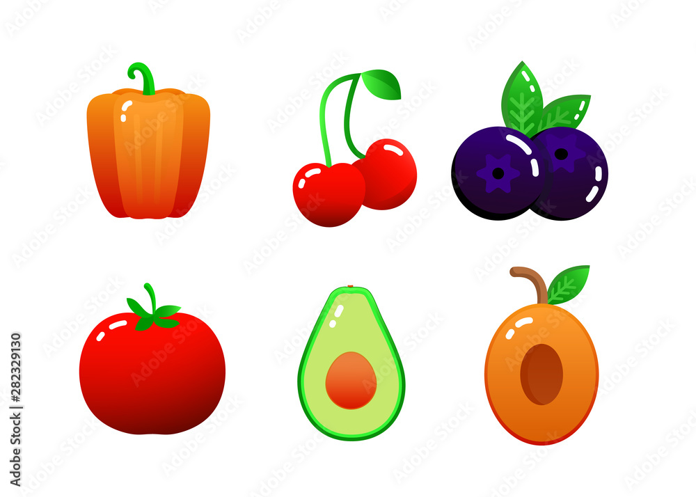 A set of useful products red pepper, tomato, avocado, cherry, apricot, blueberry isolated on a white background. A set of useful products red pepper, tomato, avocado, cherry, apricot, blueberry isolated on a white background.
