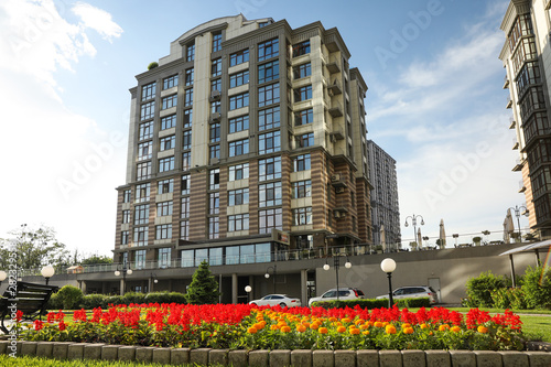 KYIV, UKRAINE - MAY 21, 2019: Beautiful view of modern housing estate in Pecherskyi district on sunny day