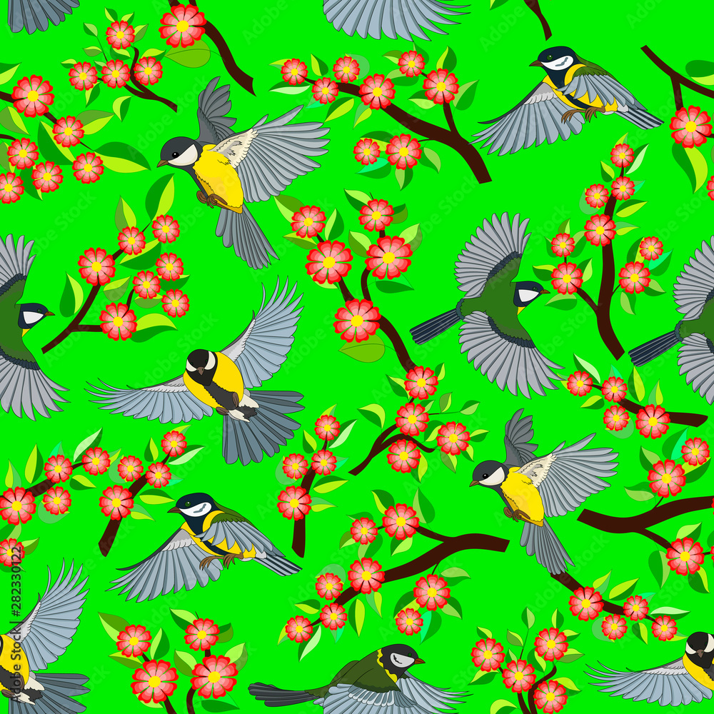 Obraz premium Seamless pattern, birds in flight and flowering branches on a green background