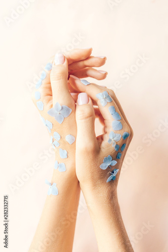 Gentle elegant female hands with manicure in flower petals. © Ilona