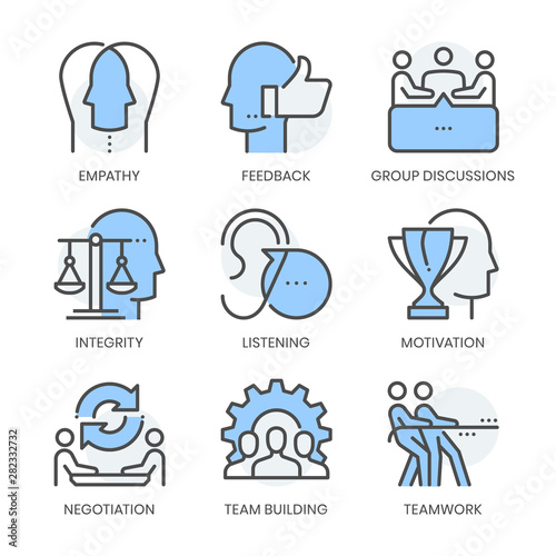 Communication skills related, square line  color vector icon set for applications and website development. The icon set is pixelperfect with 64x64 grid. Crafted with precision and eye for quality.