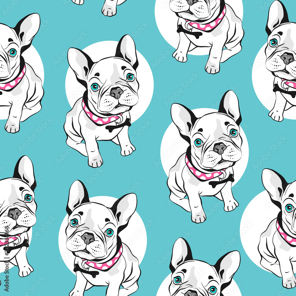 French bulldog seamless pattern on white background. Vector illustration. Hand drawn funny dogs with blue eyes. French bulldog seamless pattern on white background. Vector illustration. Hand drawn funny dogs with blue eyes.