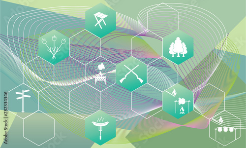 Poster with Set of travel and camping equipment icons