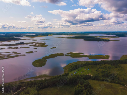 View on Braslav lakes, Belarus. Natural attractions of Belarus (panoramic view). Aerial shooting with drone.