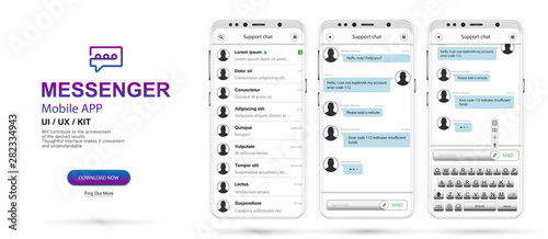 Messenger, Social network, Chat Interface. UI, UX, KIT Design Concept. Mobile modern Messenger App. Chat application on 3 smartphone screens. Social network flat style. Vector illustration 