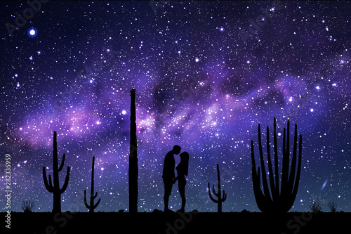 Lovers between cactuses in park at night. Vector illustration with silhouette of loving couple. Landscape with cacti. Space dark background with starry sky and Milky Way