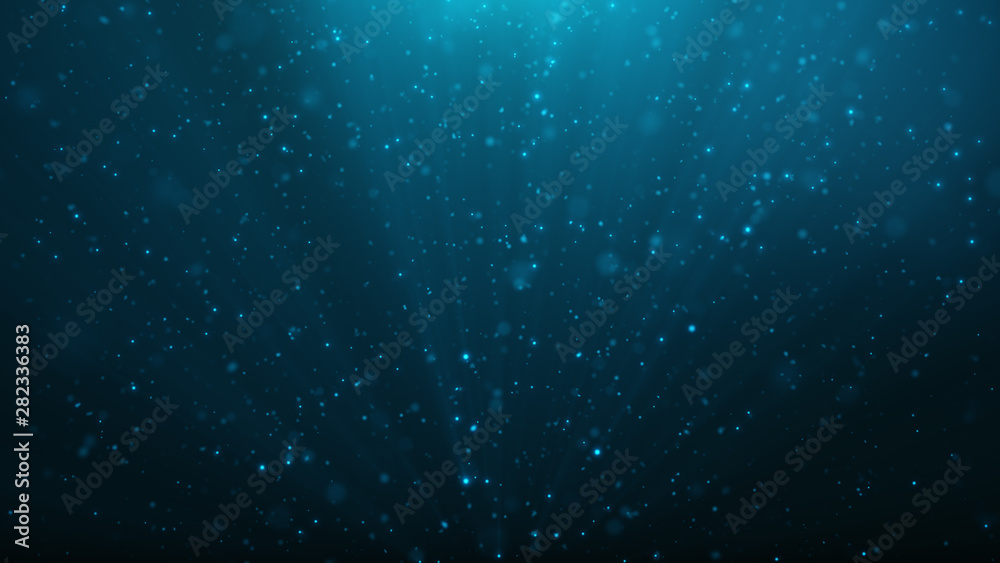 Abstract particles background of shining, sparkling blue particles. Beautiful blue floating dust particles with shine light. 3D Rendering