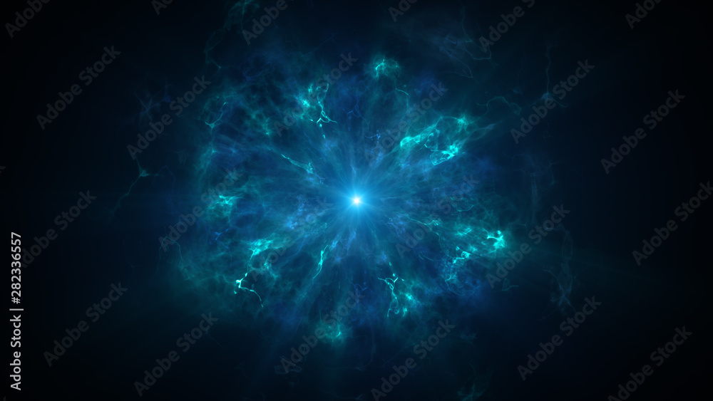 Colorful shock wave consisting particles. VFX elements, Graphic Elements. Light beam, shine through the clouds, dust, nebulae of outer space. 3D Rendering