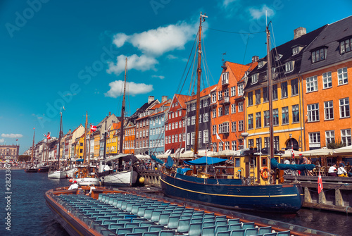Beautiful colorful HDR panorama of harbor Nyhavn in Copenhagen, Denmark. 