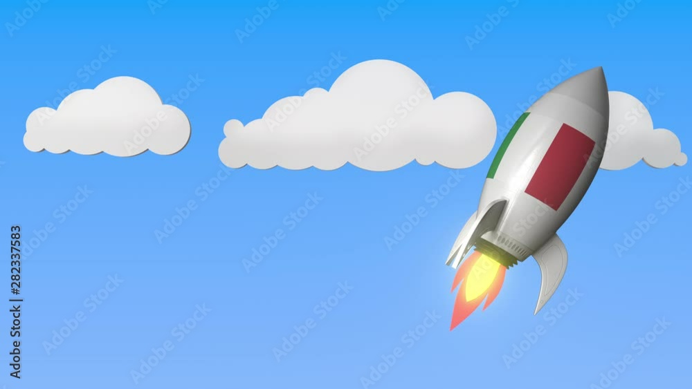 Rocket with flag of Italy flies in the sky. Italian success or space program related loopable motion background