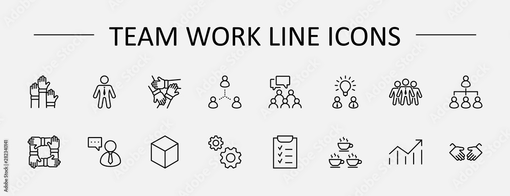 Set of Team Work Related Vector Line Icons. Contains such Icons as Handshake, Check, Idea, Coffee, Gears, Cooperation, Collaboration, Team Meeting and more. Editable Stroke. 32x32 Pixel Perfect