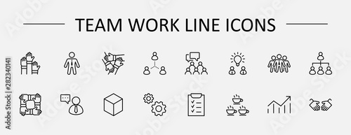 Set of Team Work Related Vector Line Icons. Contains such Icons as Handshake, Check, Idea, Coffee, Gears, Cooperation, Collaboration, Team Meeting and more. Editable Stroke. 32x32 Pixel Perfect