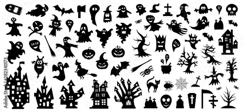 Set of silhouettes of Halloween on a white background. Vector illustration.Печать