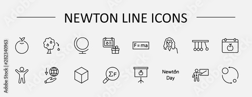 Newton's Day Set Line Vector Icon. Contains such Icons as Newton, Laws of physics and gravity, Flying Apple, Calendar, Teacher, blackboard and projector Editable Stroke. 32x32 Pixel Perfect