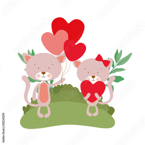 cute couple of cats with landscape background