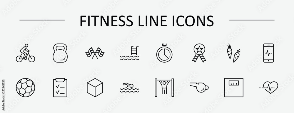 Set of Fitness Vector Line Icons. Contains such Icons as Cycling, Kettlebell Sport, Soccer Ball, Heartbeat, Workout, Stopwatch, Timer, Diet Plan, Sport Nutrition and more. Editable Stroke. 32x32 Pixel Set of Fitness Vector Line Icons. Contains such Icons as Cycling, Kettlebell Sport, Soccer Ball, Heartbeat, Workout, Stopwatch, Timer, Diet Plan, Sport Nutrition and more. Editable Stroke. 32x32 Pixel