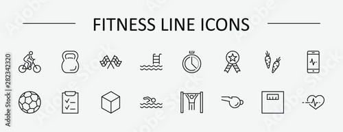 Set of Fitness Vector Line Icons. Contains such Icons as Cycling, Kettlebell Sport, Soccer Ball, Heartbeat, Workout, Stopwatch, Timer, Diet Plan, Sport Nutrition and more. Editable Stroke. 32x32 Pixel