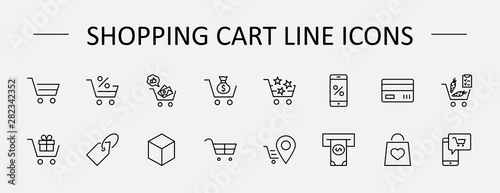 Shopping Cart Vector Line Icons Set: Money, ATM, List Products, Vegetables, Bank Card, Terminal, Bag, Favorite Shopping, Gifts, Express Checkout, Mobile Shop and more. Editable Stroke. 32x32 Pixel