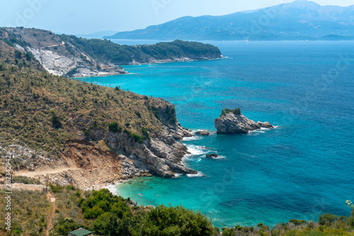 Fototapeta Naklejka Na Ścianę i Meble -  Beautiful seascape. Beach on coast of Sea in Albania, Ksamil, near Greece island Corfu