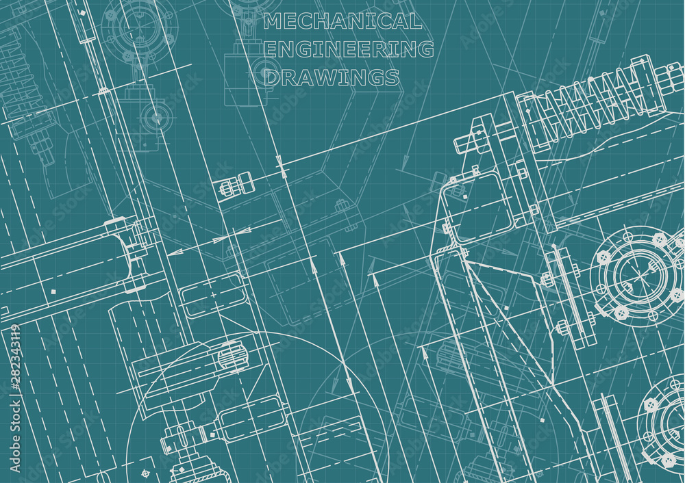 Blueprint, Sketch. Vector engineering illustration. Cover, flyer, banner, background. Instrument-making drawings. Mechanical engineering drawing. Technical illustrations, backgrounds. Scheme, plan