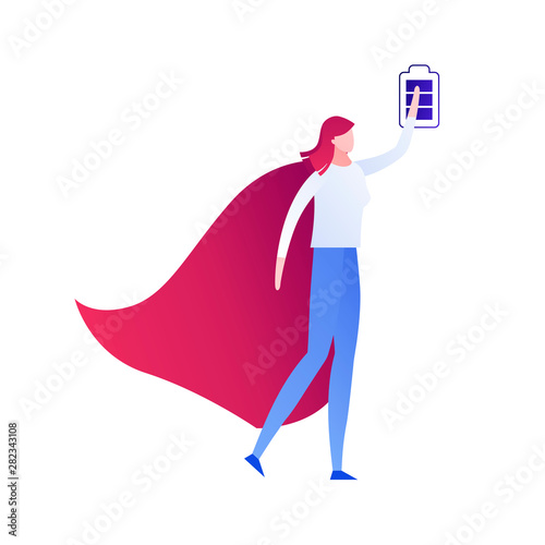 Vector modern flat superwoman person battery charge illustration. Color leader female with full batttery in hand isolated on white. Concept of business, mood, emotion, solution, idea. Design element