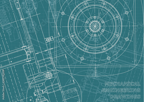 Blueprint, Sketch. Vector engineering illustration. Cover, flyer, banner, background. Instrument-making drawings. Mechanical engineering drawing. Technical illustrations, backgrounds. Scheme, plan