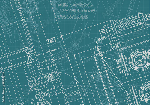 Blueprint, Sketch. Vector engineering illustration. Cover, flyer, banner, background. Instrument-making drawings. Mechanical engineering drawing. Technical illustrations, backgrounds. Scheme, plan