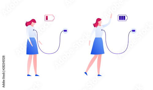 Vector modern flat female person battery charging illustration. Color of tired and success woman plug isolated on white background. Concept of business, mood, emotion, depression, idea. Design element