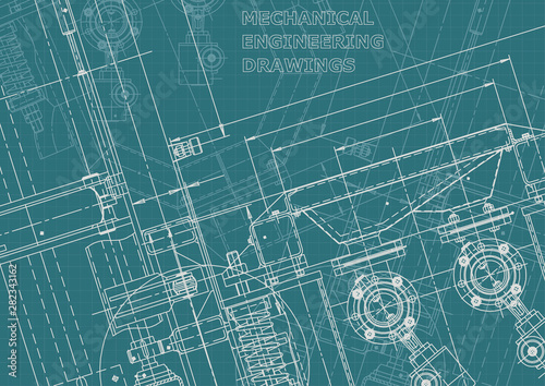 Blueprint, Sketch. Vector engineering illustration. Cover, flyer, banner, background. Instrument-making drawings. Mechanical engineering drawing. Technical illustrations, backgrounds. Scheme, plan