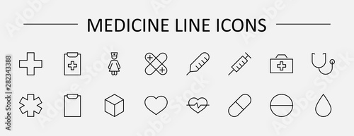 Set of Medicine vector line icons. It contains the first aid kit, nurse, syringe, thermometer, plastic, pills, heart, drop of blood, palpitation and much more. Editable Stroke. 32x32 pixels.