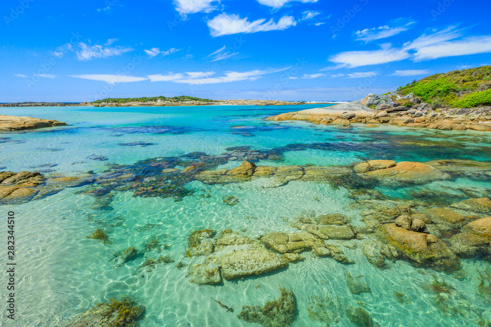 William Bay National Park, Denmark and Albany Region, Western Australia. Scenic landscape of sheltered waters of Madfish Bay surrounded by rock formations. Popular summer destination in Australia.