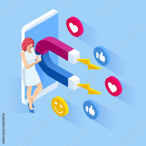 Isometric social media likes and follows or marketing magnet engaging followers concept.