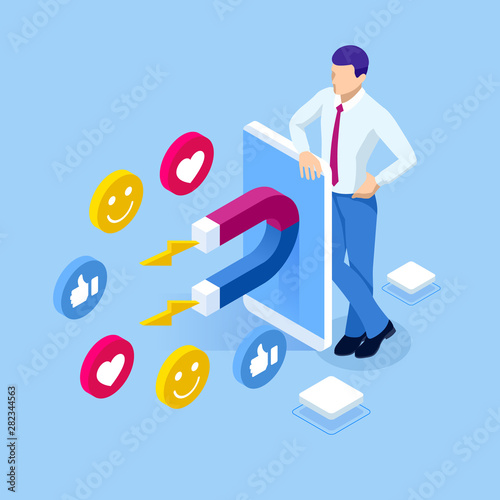 Isometric social media likes and follows or marketing magnet engaging followers concept.