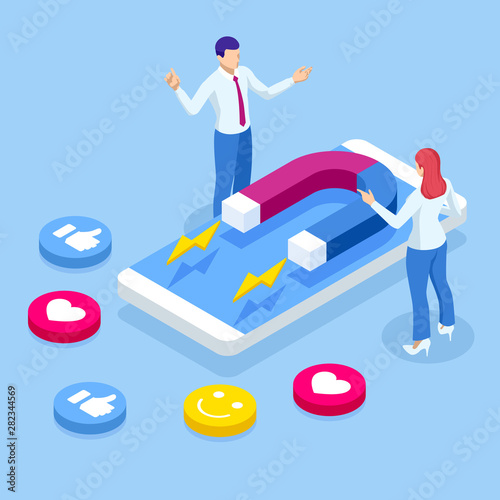 Isometric social media likes and follows or marketing magnet engaging followers concept.