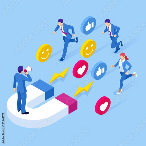 Isometric social media likes and follows or marketing magnet engaging followers concept.
