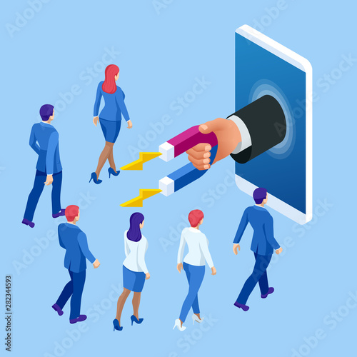Isometric Businessman holding magnet or marketing magnet engaging followers concept.