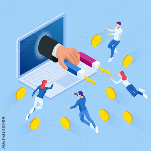 Isometric Businessman holding magnet or marketing magnet engaging followers concept.