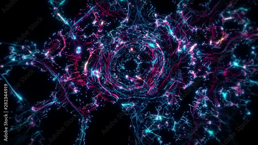 Visual representation flying through abstract digital tunnel funnel artificial intelligence neural network. This animation can be used for visuals, vj, light presentations or as motion background loop