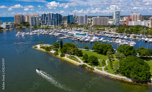 Drone view of Marina Jack from Bayfront park looking North and East with the Sarasota high rise landscape photo