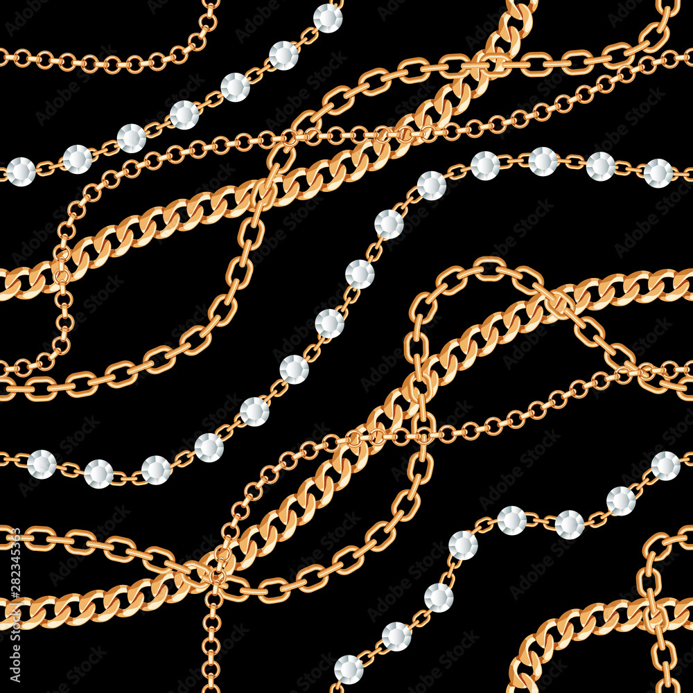 Seamless pattern background with gemstones and chains golden metallic necklace. On black. Vector illustration Seamless pattern background with gemstones and chains golden metallic necklace. On black. Vector illustration