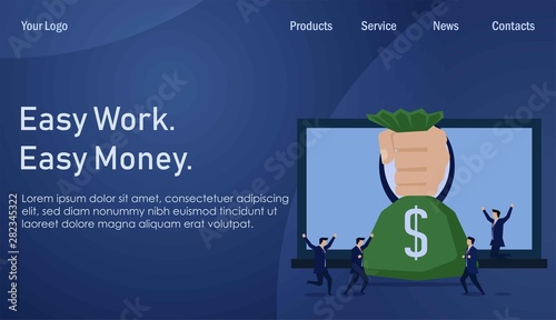 Businessman hand give reward online from laptop happy man. Business Landing Page Template.