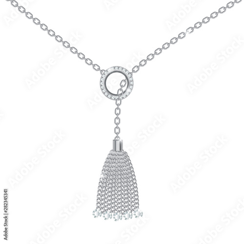 Background with silver metallic necklace. Tassel, gemstones and chains. On white. Vector illustration