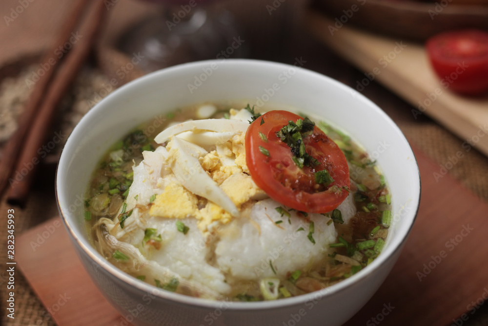 Bubur Ayam or Indonesian Chicken Porridge with Soup