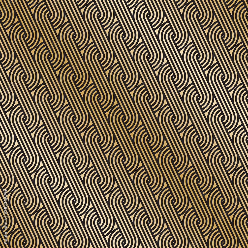 Seamless gold Art Deco curling wave pattern background