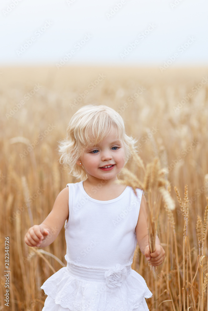 Happy childhood. Portrait of handsome blond girl with blue eyes, face close up at summer time, in the wheat field. A child with a bouquet of wheat in his hands Happy childhood. Portrait of handsome blond girl with blue eyes, face close up at summer time, in the wheat field. A child with a bouquet of wheat in his hands