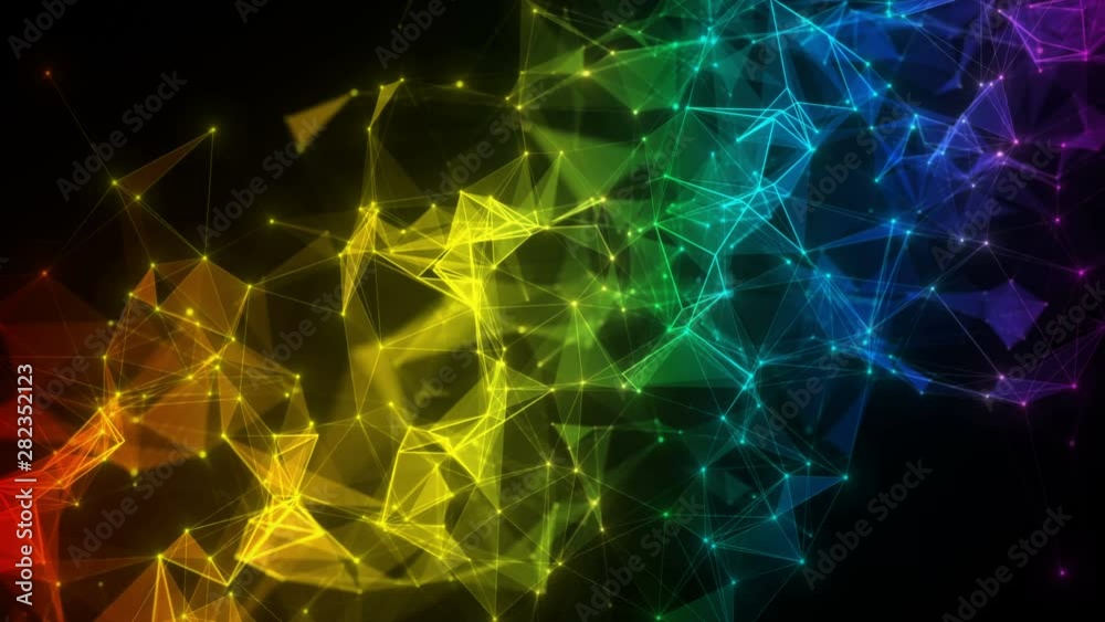 colorful iridescent rainbow abstract digital nodes and polygon connection paths within network or system of networks animation for visuals vj light presentations motion background Loop