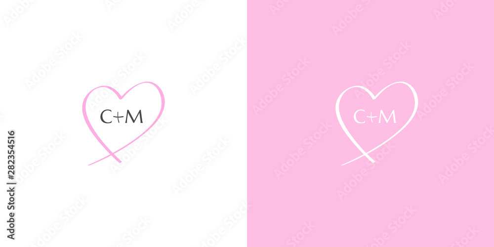 Wedding C M monogram in a hand-drawn pink heart
