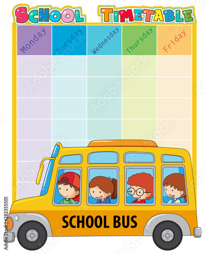 School timetable template with bus and kids
