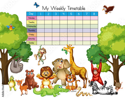 Many animals on time table template
